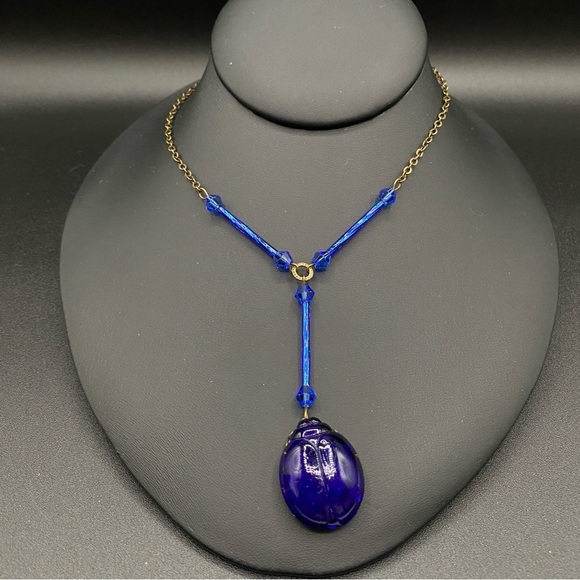 Vintage Cobalt Blue Czech Glass Scarab Pendant Necklace - Picture 13 of 15